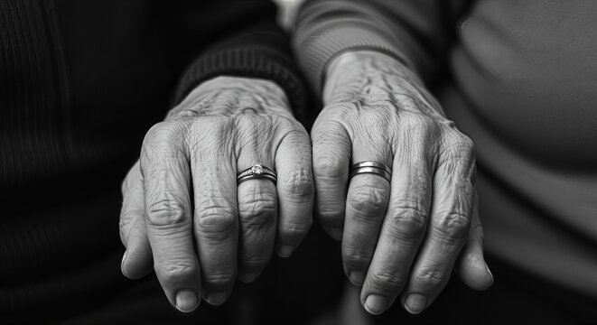 Senior man and woman hands with rings. Old couple celebrate marriage anniversary. Love, relationship, family time, elderly care concept. - Powered by Adobe