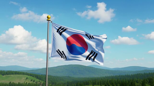 South Korean flag waving against a clear blue sky
