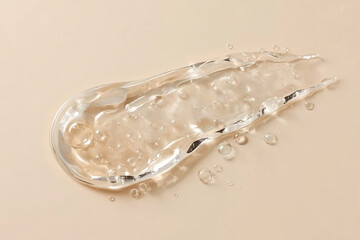 Skincare gel with flowing texture and bubbles on a pastel surface.
