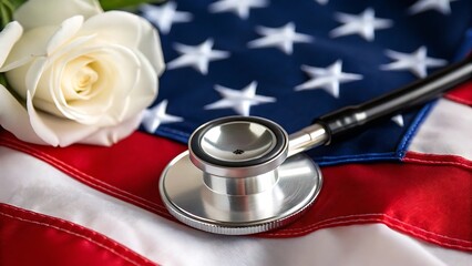 Close-up stethoscope on american flag with white rose