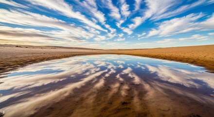 Stunning desert oasis reflection captures ethereal sky and vast sandy dunes under a brilliant blue expanse