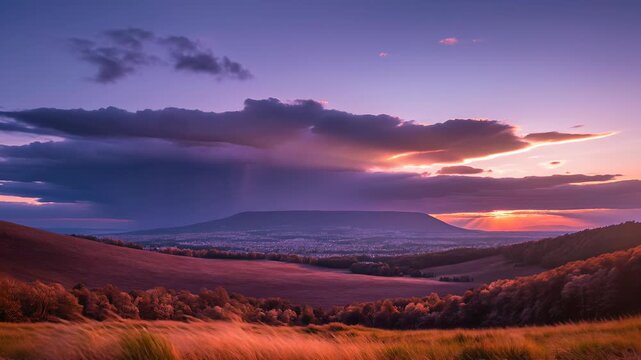 Stunning sunset illuminates rain falling over a distant mountain surrounded by rolling hills and vibrant colors