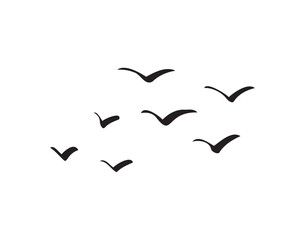 Birds flying line in the sky set. Ink grunge flock of birds afar brush hand drawn. markers and crayons