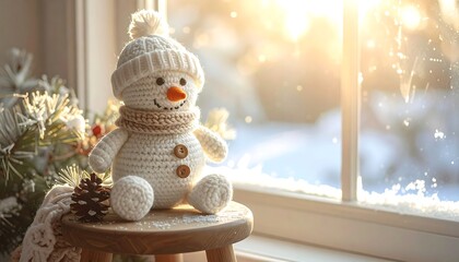 Adorable crocheted snowman sitting by a sunny window, spreading winter cheer and cozy vibes for holiday promotions and heartwarming seasonal content