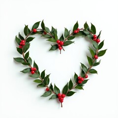 Heart-shaped wreath made of green holly leaves and red berries on white background, symbolizing love and holiday spirit