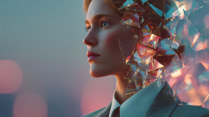 abstract mirrored portrait of female founder, fragmented businesswoman against neon skyline, surreal photoreal fusion of visionary leadership