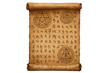 Ancient magic scroll creating occult fantasy spell symbols