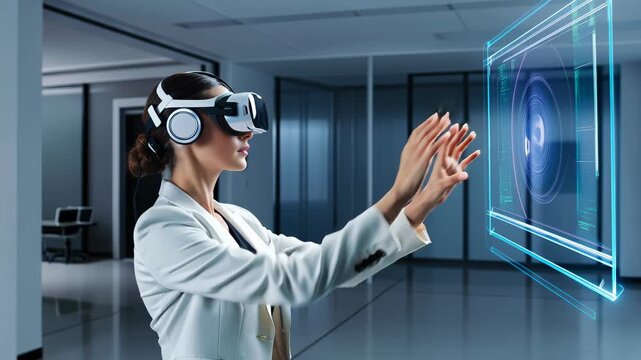 Woman experiences virtual reality in modern technology setup while wearing VR headset in studio