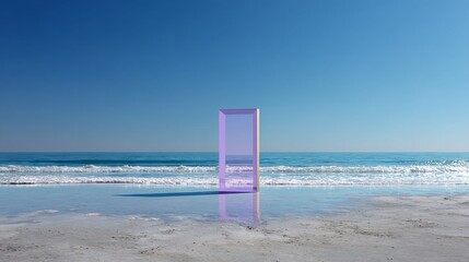 Transparent prism reflects sea on beach, against clear sky