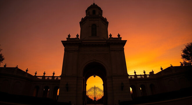 Majestic gatehouse silhouette against a breathtaking fiery sunset, evoking grandeur and timeless beauty for architectural or travel inspiration.