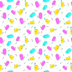 Cute cats on the white background seamless pattern drawn by a child