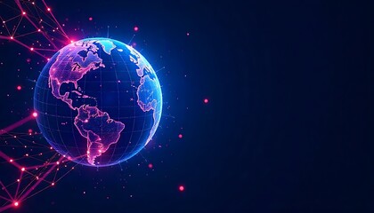 Obraz premium Futuristic Digital Globe with Global Network Connections, Digital Earth with Glowing World Map, Technology Background, and Blue Plexus Lines