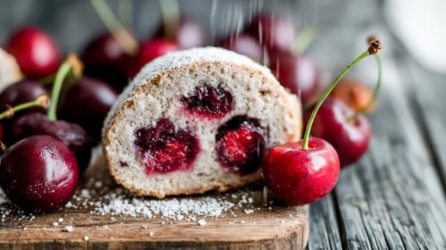Cherry strudel with fresh cherries close up food photography