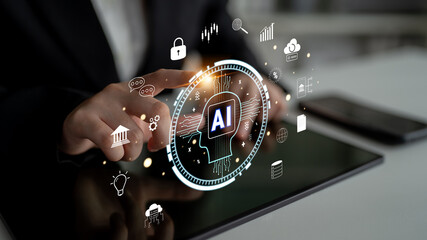 The role of AI in FinTech and modern business. A concept of using artificial intelligence for banking, investment, and data analysis solutions. Motif