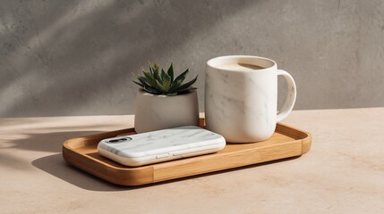Tray with coffee, plant, and phone case; sunlight shadows backdrop