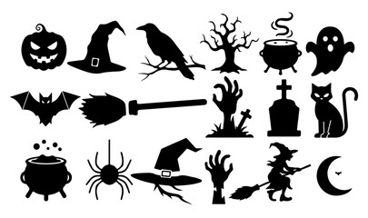 Halloween Silhouette Icon Set – Minimalist Black Vector Collection with Pumpkin, Bat, Ghost, cat,Spider, crow,tree,Witch, Cauldron,Zombie Hand – Flat Design on White Background
