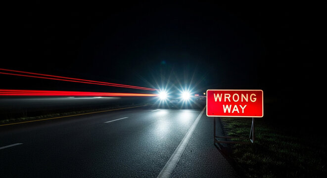 Dynamic night highway scene with glowing 'Wrong Way' sign and car headlights creating light streaks, conveying urgency and decision.