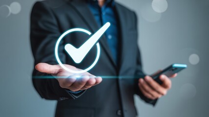 Digital Approval: A professional extends a hand, presenting a luminous check mark, symbolizing approval and affirmation, in a scene of modern digital interaction. 