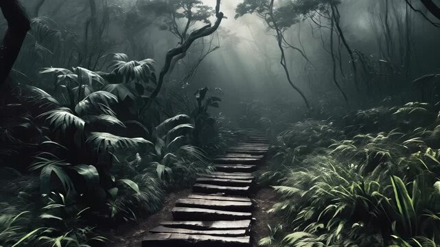 Mysterious forest path leads through dense foliage in dim light, evoking a sense of adventure and exploration