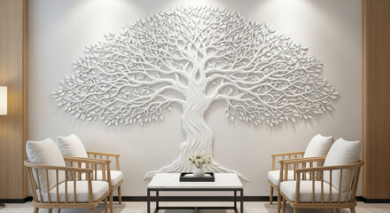 White 3D tree wall art in modern interior scene with chairs and table, showcasing serene atmosphere, symbolizing growth, peace, and nature-inspired design