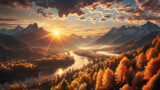 Majestic autumn sunrise over mountains and a winding river in a serene valley landscape