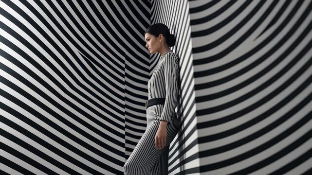 Elegant woman in striped suit poses against bold striped backdrop in modern indoor setting