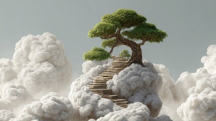 Tree atop a cloud island with a stairway, surreal fantasy scene