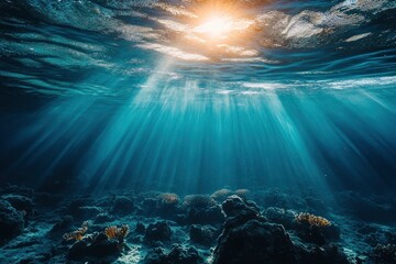 Underwater silence in the deep blue sea, where the water column is pierced by the rays of the sun