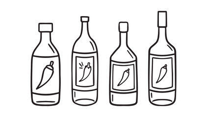 Hot pepper sauce bottle doodle hand drawn icon set. Outline drawing line clipart symbol collection