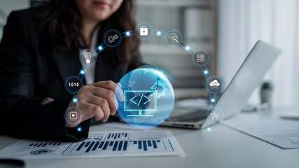 Naklejka premium Global software development and coding solutions. Empowering businesses with custom application development and technology innovation. Motif