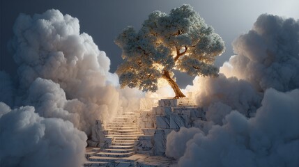 Tree atop cloud-surrounded stairs, bathed in light, against a dim sky