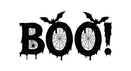 Black dripping letters BOO! with bats, spiders, and spiderwebs, creating a spooky Halloween design, ideal for greeting cards or party invitations