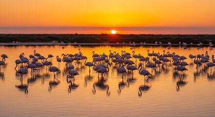 Naklejka premium Flock of elegant flamingos wading in tranquil water during a vibrant golden sunset creating stunning reflections and a serene atmosphere