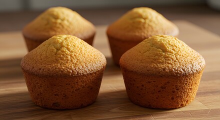  A close-up view of a group of four small golden-brown baked muffins resting on a rustic wooden surface, showcasing homemade warmth, delicious texture, and comforting bakery-style charm