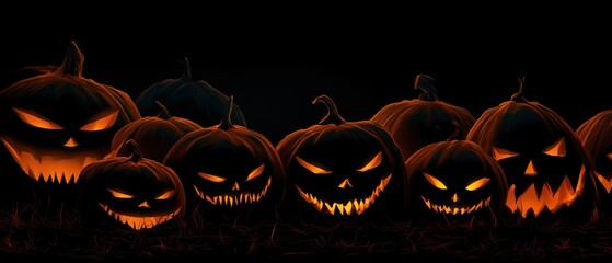 Halloween pumpkins with glowing faces at night