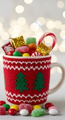 A cozy knitted print cup filled with colorful Christmas candies placed in front of a soft white bokeh background, evoking warmth, festive cheer, and the joyful spirit of the holiday season
