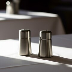 Two elegant shakers placed on a restaurant table, capturing a minimalistic dining atmosphere with soft lighting, refined details, and a focus on simplicity and modern table setting aesthetics