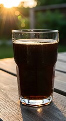  A refreshing glass of cold dark beer placed on a wooden table in a garden setting, captured in close-up with selective focus, evoking relaxation, warmth, and the essence of outdoor enjoyment