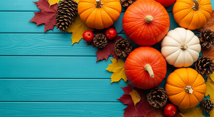 Autumnal arrangement of pumpkins, pine cones, and maple leaves on teal wood background Free space for text or design, ideal for fall or Thanksgiving themes