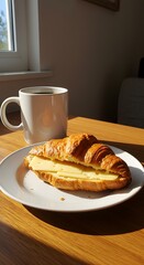 Cozy morning breakfast featuring a buttery croissant, fresh cheese, and a steaming cup of hot coffee, capturing the warmth, comfort, and simple elegance of a perfect start to the day