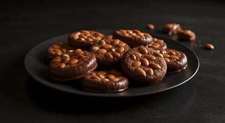 Close-up photography of chocolate Florentines cookies topped with almonds and drizzled chocolate, elegantly arranged on a plate over a black table, highlighting rich textures and gourmet dessert 