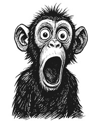 Black and white ink drawing of a surprised monkey, hand-drawn with pen and ink technique. Detailed expressive vector illustration in monochrome graphic style.