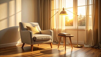 Fototapeta premium Golden Hour Reading Corner with Linen Armchair and Brass Lamp
