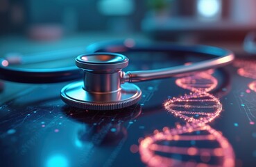 Stethoscope rests on digital screen with glowing DNA helix. Represents medical science and biotech innovation. Modern healthcare research and genetic data analysis.