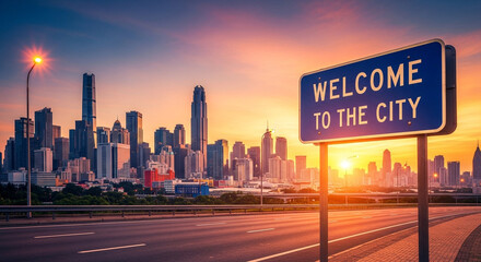 Fototapeta premium Welcome to the City sign at sunset, modern skyline with vibrant colors, ideal for travel, tourism, and urban lifestyle concepts