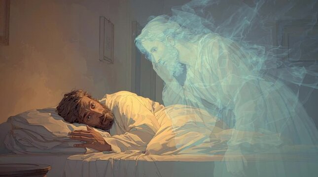 Joseph sleeping peacefully in a humble room as a glowing, ethereal angel leans over, whispering a divine message into his ear &mdash; serene and spiritual atmosphere.
