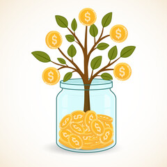 Money tree vector illustration symbolizing financial growth and prosperity. Tree with green leaves and golden coins grows from a transparent jar filled with coins. Perfect for investment or business.