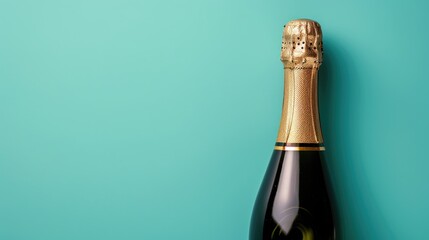 A close-up of a champagne bottle with gold foil on a blue background, symbolizing the celebration.
