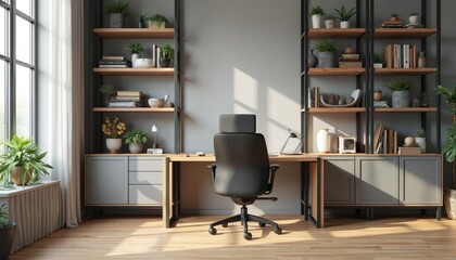 Modern home office space with desk chair shelves and plants. Minimalist interior design with natural light. Functional workspace for remote work.
