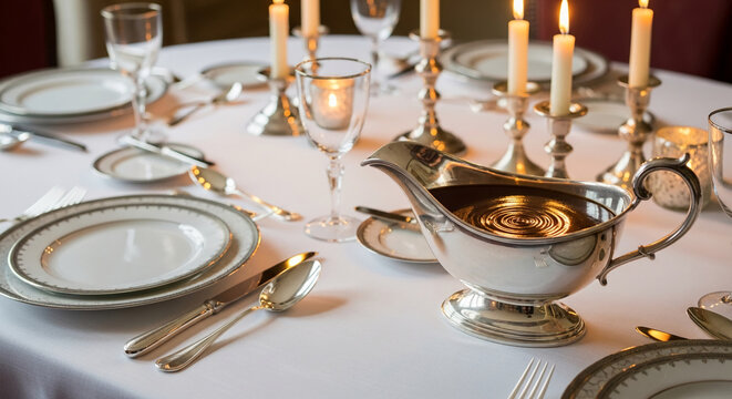 Elegant dinner table setting with silver cutlery, white plates, glasses, candelabras and gravy boat, conveying a sense of sophistication and fine dining - Powered by Adobe
